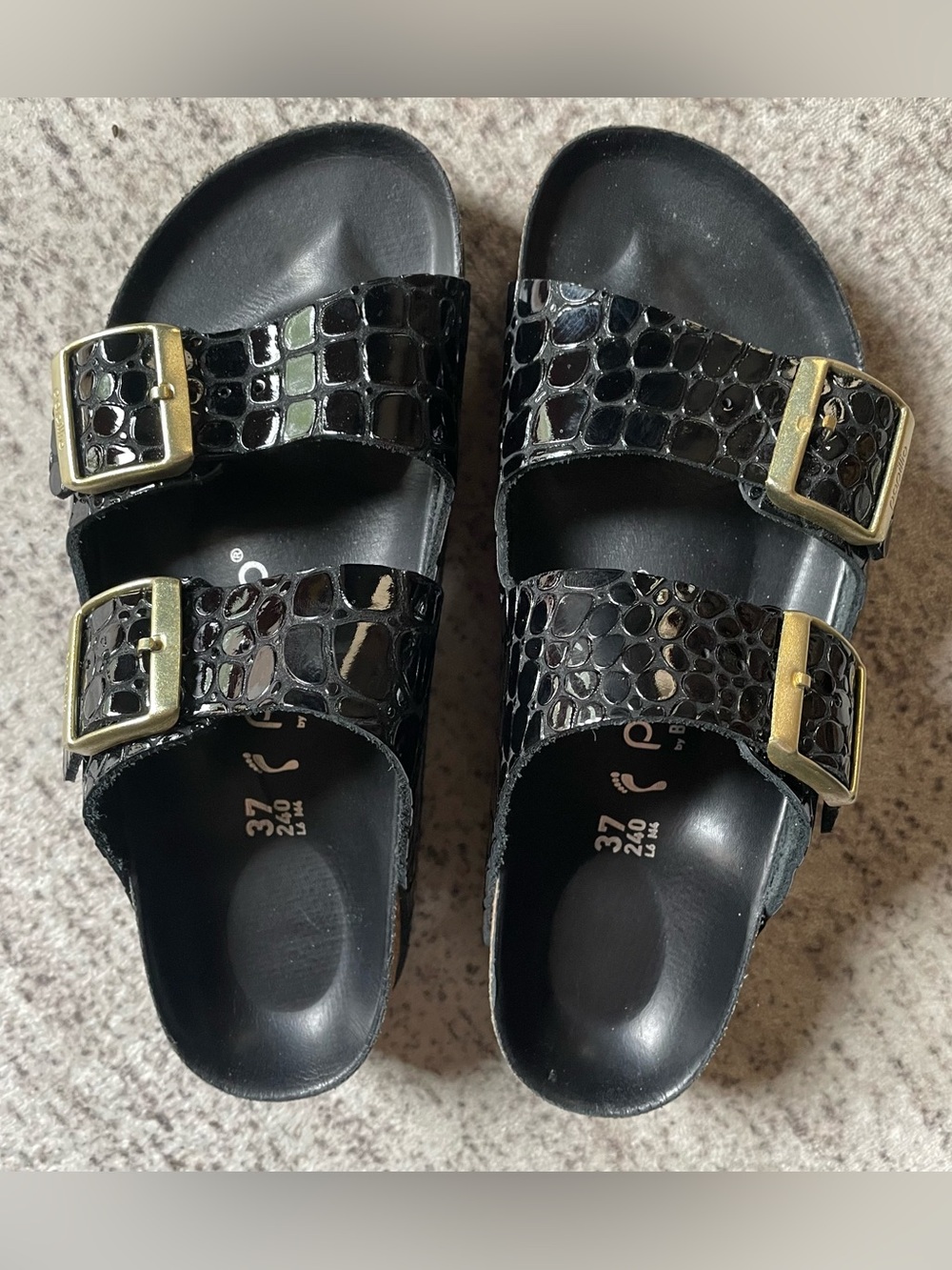 Papillio by Birkenstock Black Croc-Embossed Double gold Buckle Sandals.